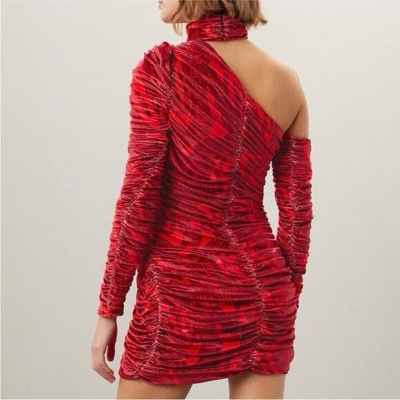 ALIETTE Red Velvet Cold Shoulder Ruched Bodycon‎ Gothic Punk Mini Dress 0 - Picture 4 of 14